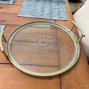 Brass and etched glass serving tray with handles
